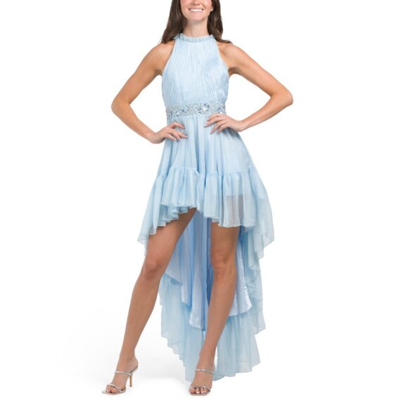 MAC DUGGAL Ice Blue Halter Neck Hi-lo Flowy Gown